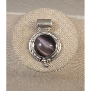 Stunning Vintage Sterling Silver Purple Cats Eye Pendant ATI Mexico Large Bail
